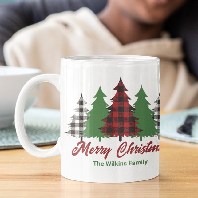 Caneca De Café Árvores de Natal Feliz da Xadrez Vermelha Personal (Criador carregado)