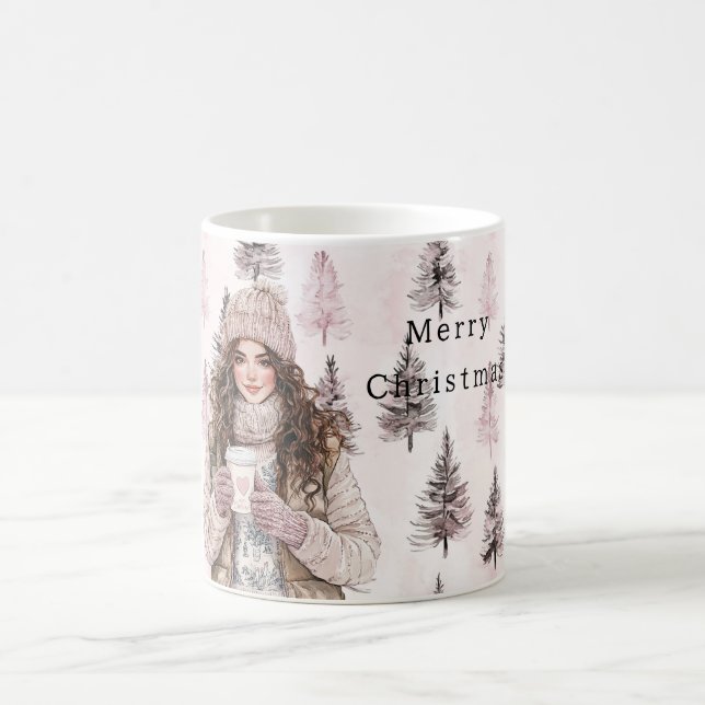 Caneca De Café Árvores de Natal Rosa Romântica Menina (Centro)