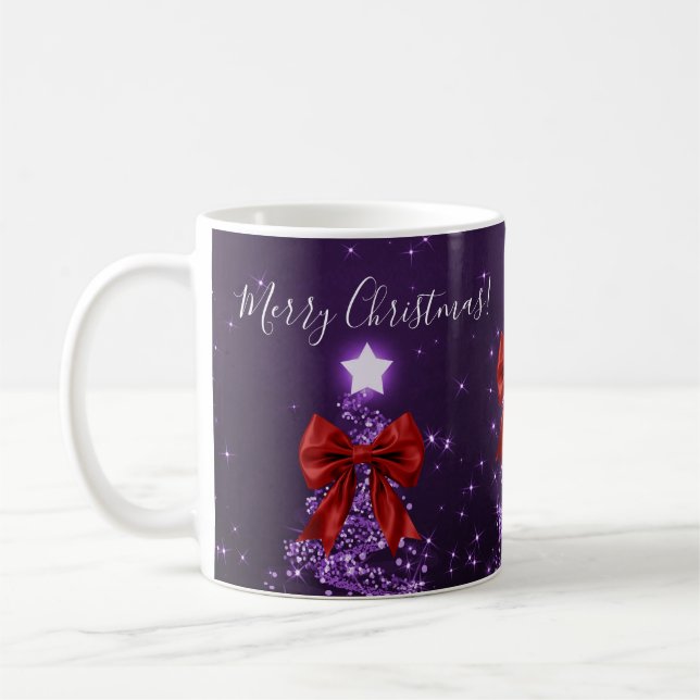 Caneca De Café Árvores de Natal Roxas Elegantes com Laços Vermelh (Esquerda)