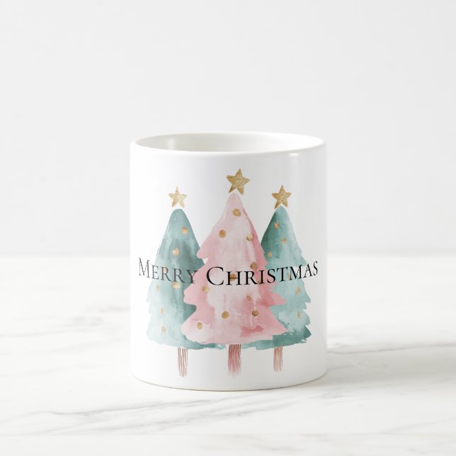 Caneca De Café Árvores de Natal Verdes Rosa, Douradas Estrelas (Centro)