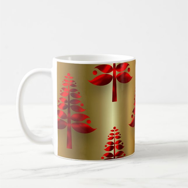 Caneca De Café Árvores de Natal Vermelhas na Dourada (Esquerda)