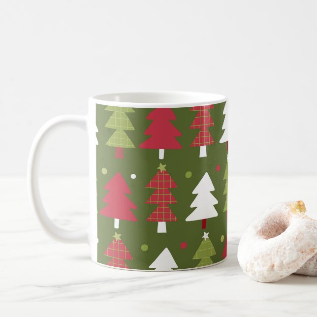 Caneca De Café Árvores de Natal Vermelho, Branco e Verde (Com Donut)