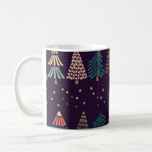 Caneca De Café Árvores de rabisco, estrelas, azul escuro.