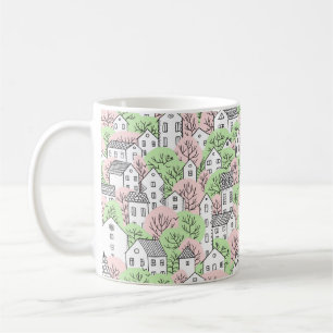 Caneca De Café Árvores e casas com padrão uniforme. Primavera e s