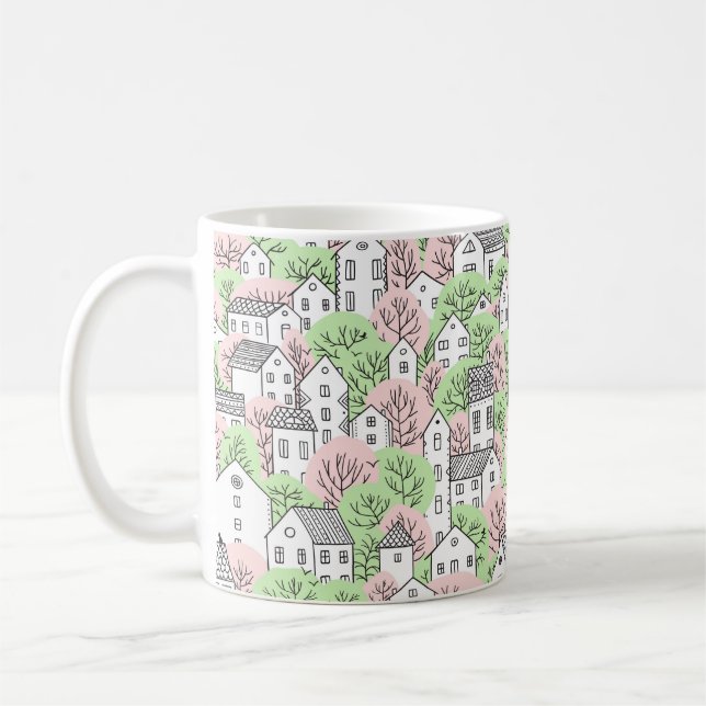Caneca De Café Árvores e casas com padrão uniforme. Primavera e s (Esquerda)