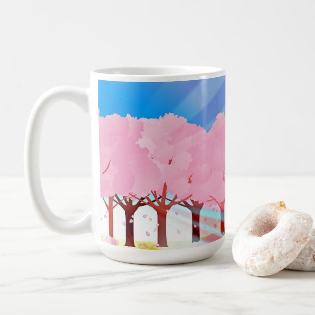 Caneca De Café Árvores Rosa E Design Azul Céu (Com Donut)