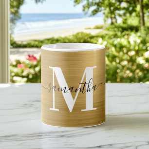 Caneca De Café Assinatura Monograma Dourado Metálico