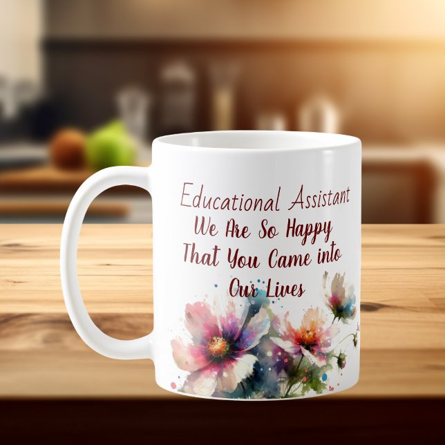 Caneca De Café Assistente Educacional Floral rosa azul Personaliz (Customize , change the template wording to your own or order as is. Front view)