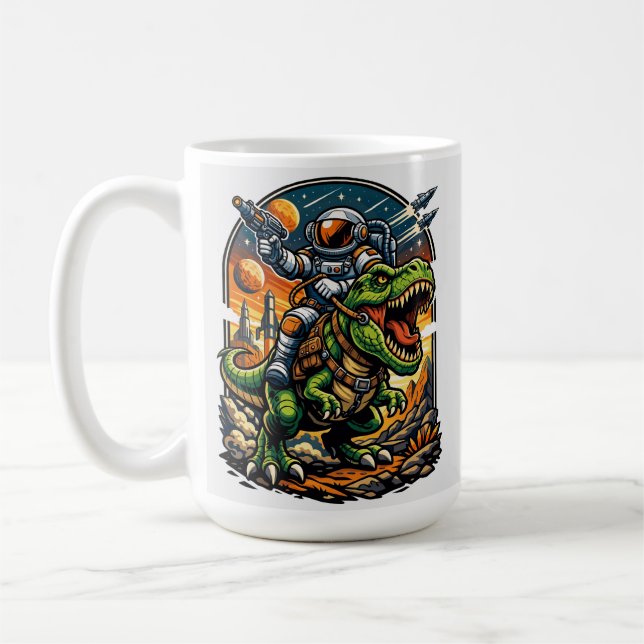Caneca De Café Astronaut Riding a T-Rex – Epic Space Dinosaur (Esquerda)