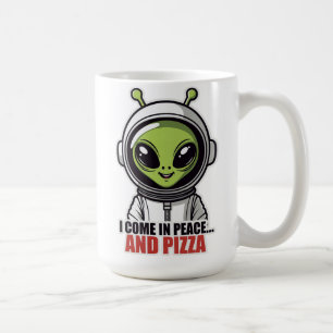 Caneca De Café Astronauta Alien Fofo "Venho em Paz e Pizza"