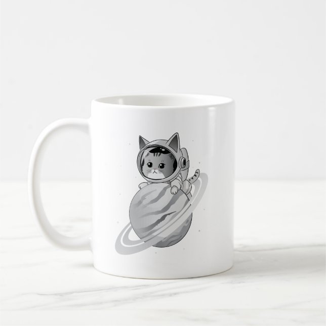 Caneca De Café Astronauta de Gato Espacial com Planeta Saturno (Esquerda)