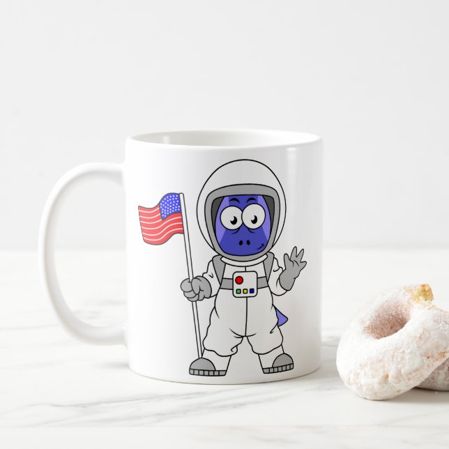 Caneca De Café Astronauta Parasaurolophus Segurando Bandeira Amer (Com Donut)