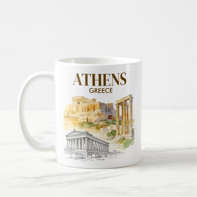 Caneca De Café Atenas Grécia Acrópole Esboço Aquarela Personaliza (Esquerda)