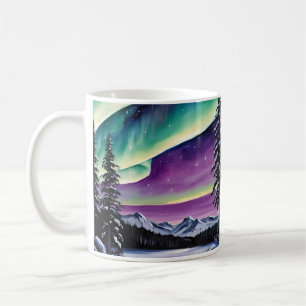 Caneca De Café Aurora Boreal sobre floresta nevada, pinheiros, pa