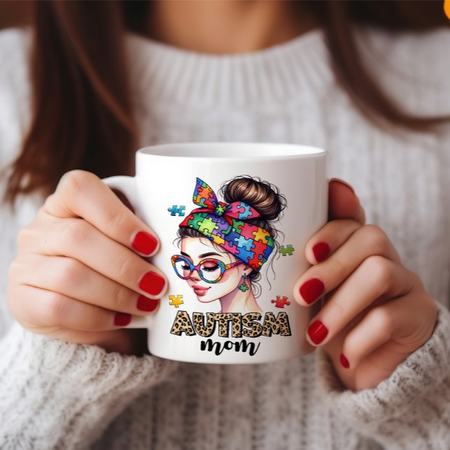 Caneca De Café Autismo Mãe Mensagem Bun - Dia de as mães Encantad (Autism-Mom-Messy-Bun Mothers day Mug)