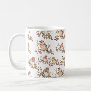 Caneca De Café Autumn Birds Flowers and Leaves Watercolor