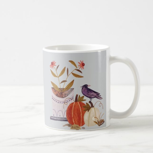 Caneca De Café Autumn Harmony - Cozy Fall Crow e Pumpkins (Direita)