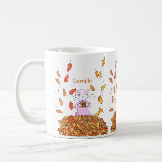 Caneca De Café Autumn Leaves and Graceful Cat Personalized Mug (Esquerda)