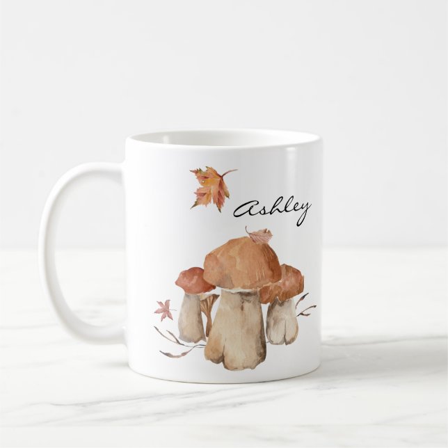 Caneca De Café Autumn Mushroom Leaf Watercolor (Esquerda)