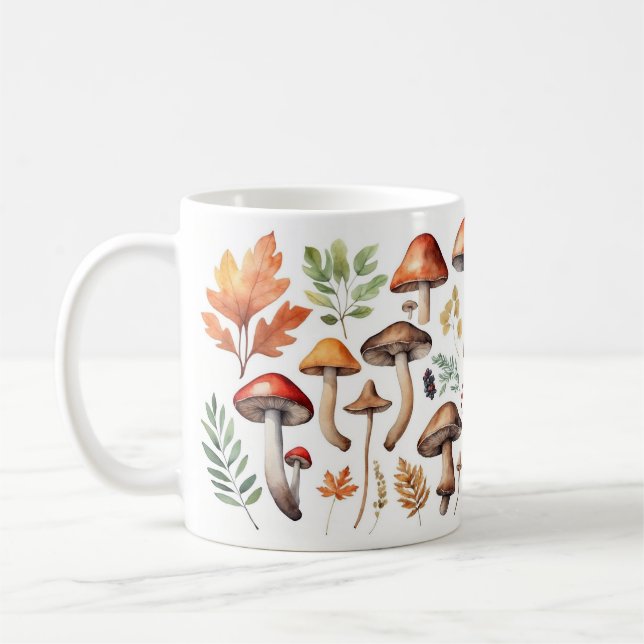 Caneca De Café Autumn Mushrooms and Forest Leaves Illustration (Esquerda)