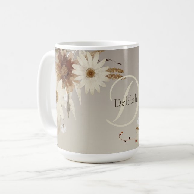 Caneca De Café Autumn Watercolor Floral Monograma Personalizado (Frente Esquerda)
