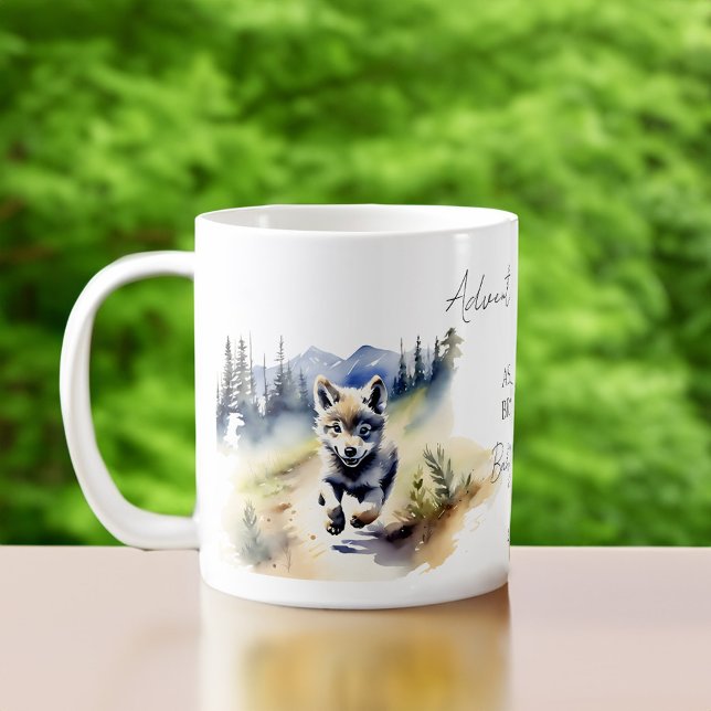 Caneca De Café Aventura aguarda o filhote de lobo com favos de ch (Wolf cub adventure awaits baby shower favors personalized coffee mug watercolor cute wolf cub)
