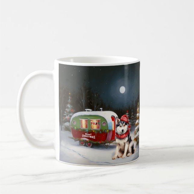 Caneca De Café Aventura de Natal de Winter Siberian Husky Caravan (Esquerda)