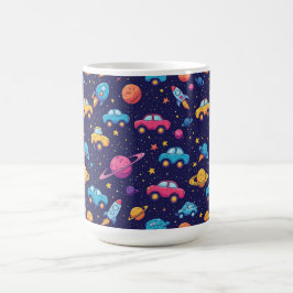 Caneca De Café Aventura Espacial Colorida Com Carros, Foguetes