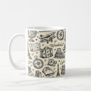 Caneca De Café Aventuras de Viagem Vintage Padrão Perfeito