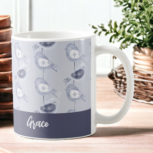 Caneca De Café Aves Azuis de Natal Nórdico Personalizadas (Nordic Christmas Blue Birds Personalized Coffee Mugs from Ricaso)