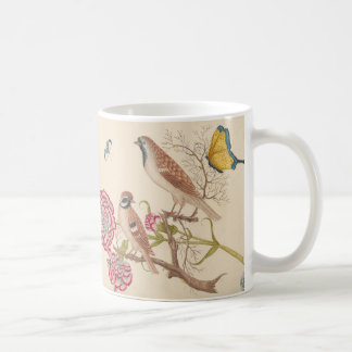 Caneca De Café Aves castanhas com cravos e borboletas