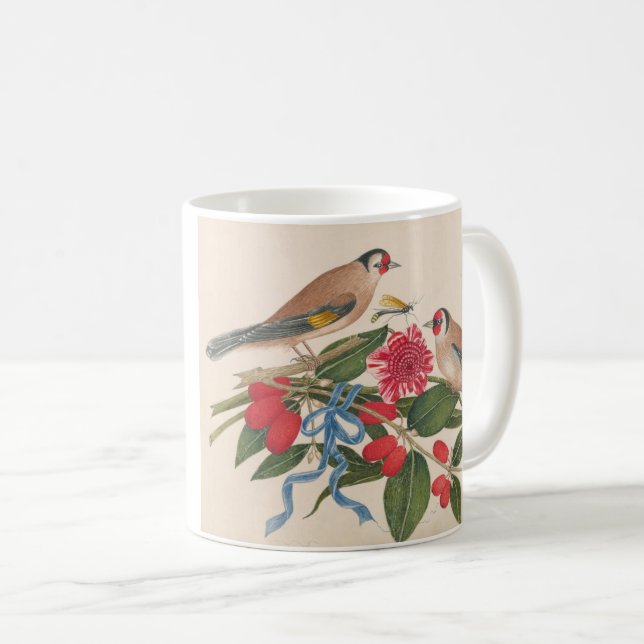 Caneca De Café Aves castanhas com flores e borboletas (Frente Esquerda)