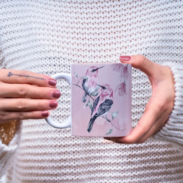Caneca De Café Aves e Florais Rosa em Aquarela (Criador carregado)
