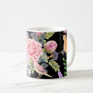 Caneca De Café Aves e Flores Coloridas Vibrantes em Preto