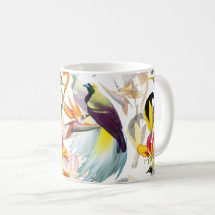 Caneca De Café Aves Exóticas de Paraíso e Flores Aquarela