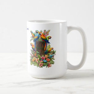 Caneca De Café Aves Tropicais Coloridas e Plantas Vibrantes