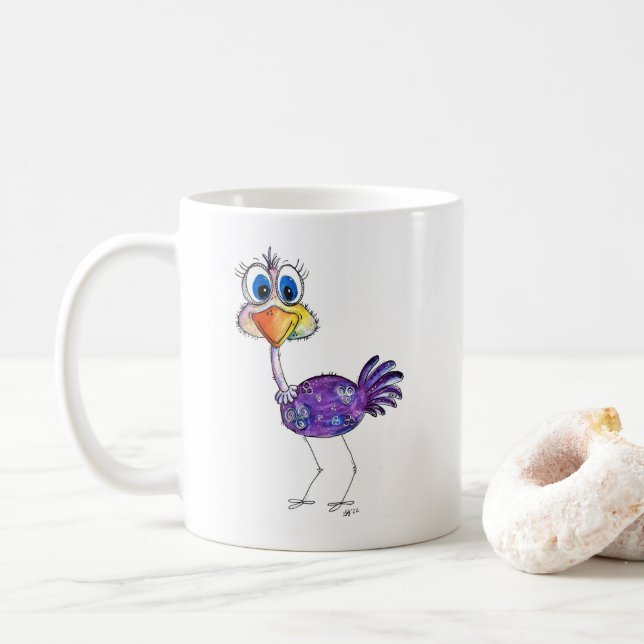 Caneca De Café Avestruz Roxa Feliz Caprichosa (Com Donut)