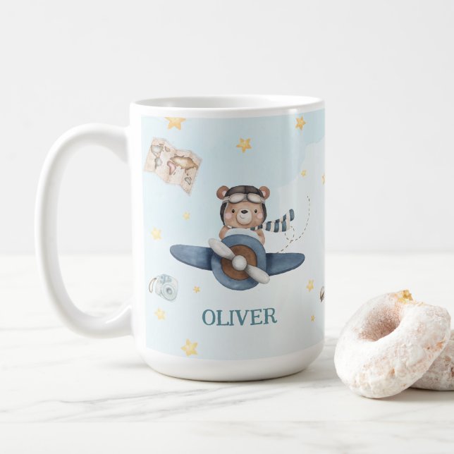 Caneca De Café Avião de Belo Urso Azul (Com Donut)