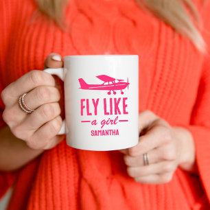 Caneca De Café Avião Rosa Fofo Voa Como Uma Garota Aviação Femini