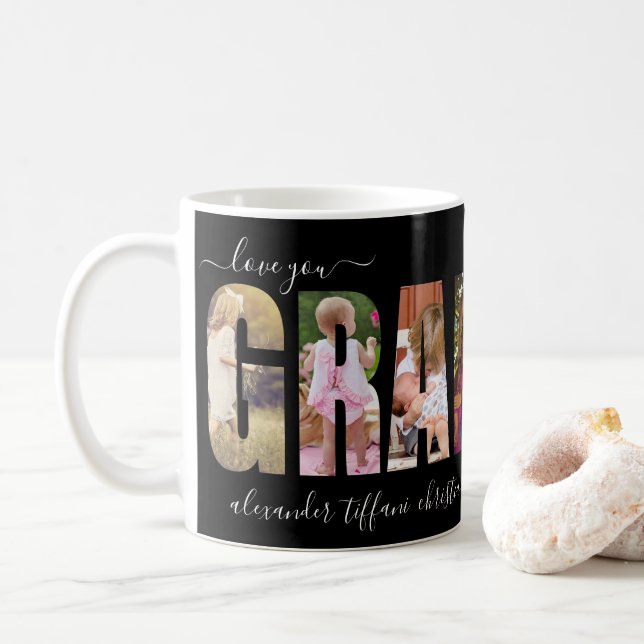 Caneca De Café Avó Amor Sete Foto Nomes Netos Preto (Com Donut)