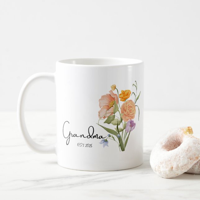 Caneca De Café Avó Floral Est 2025, Presentes De Anúncio De Bebê (Com Donut)