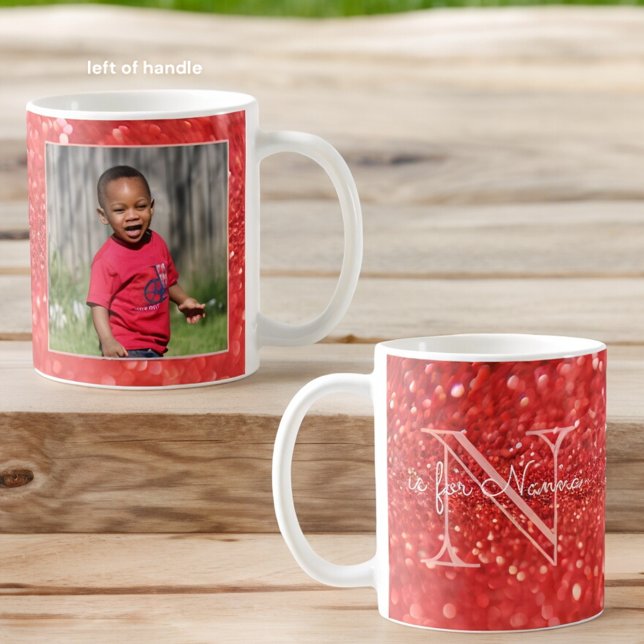 Caneca De Café Avó Nanna Monograma Foto Coral Inicial (custom photo mug front and back)