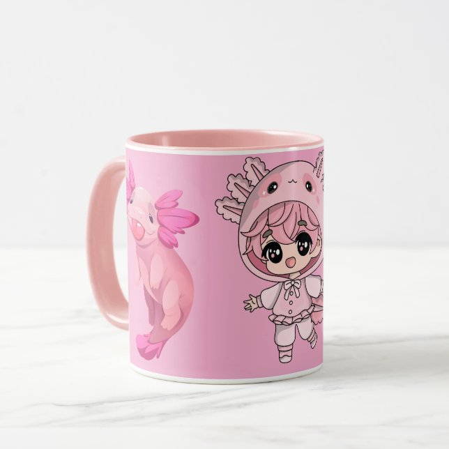 Caneca de Café Axolote Rosa Fofa Kawaii Chibi Meni (Frente Esquerda)