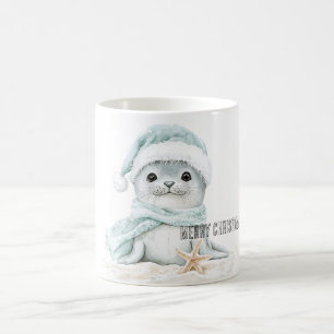 Caneca De Café Azul-branco Santa Hat Scarf Seal Natal
