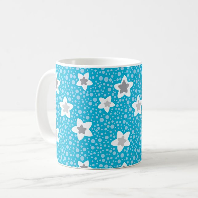 Caneca De Café Azul celestial com bolinhas retrô e estrelas (Frente Esquerda)
