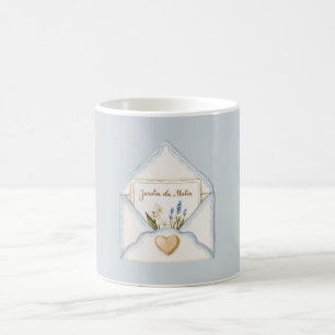 Caneca De Café Azul Claro Francês Envelope Coração Floral Creme