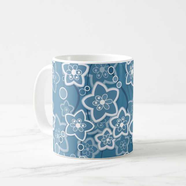Caneca De Café azul com branco, azul, flores, floral, rústico, fa (Frente Esquerda)