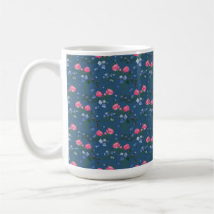 CANECA DE CAFÉ AZUL COM FLORES AZUIS PEQUENOS E ROSAS DE ROSA