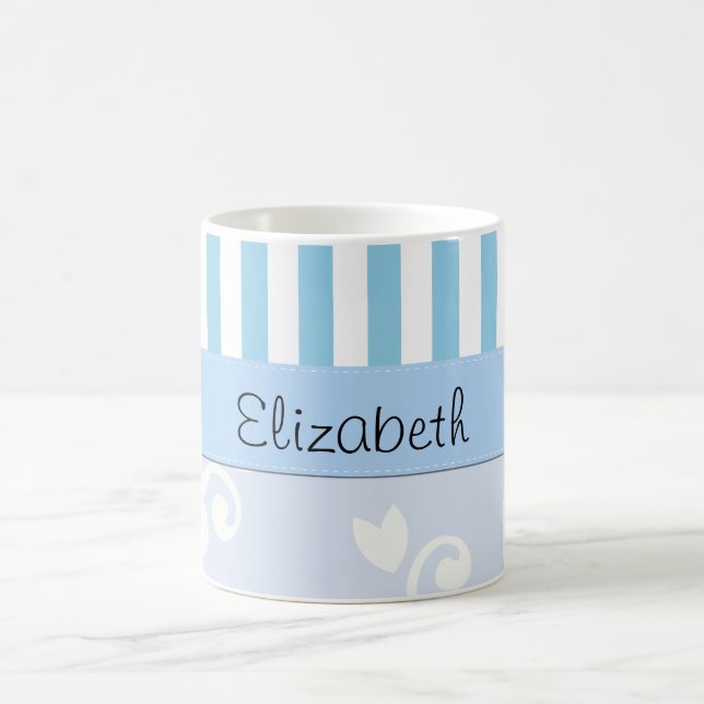 Caneca De Café Azul Damasco, Blue Stripes, Stripes, Seu Nome (Centro)
