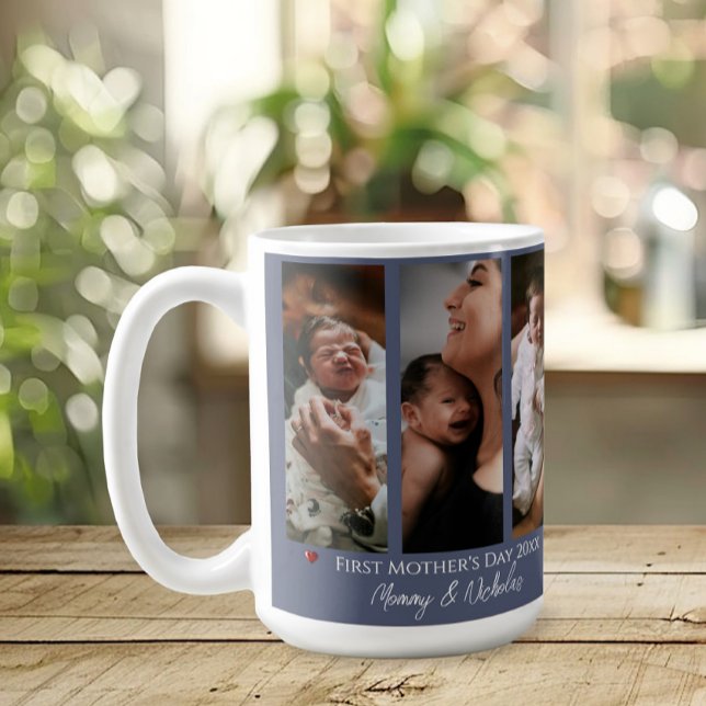 Caneca De Café Azul de Colagem de Fotografias do Primeiro Dia de  (Blue First Mother's Day Three Photo Collage Coffee Mug)